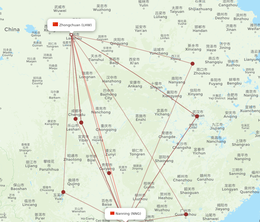 LHW to NNG flights and routes map