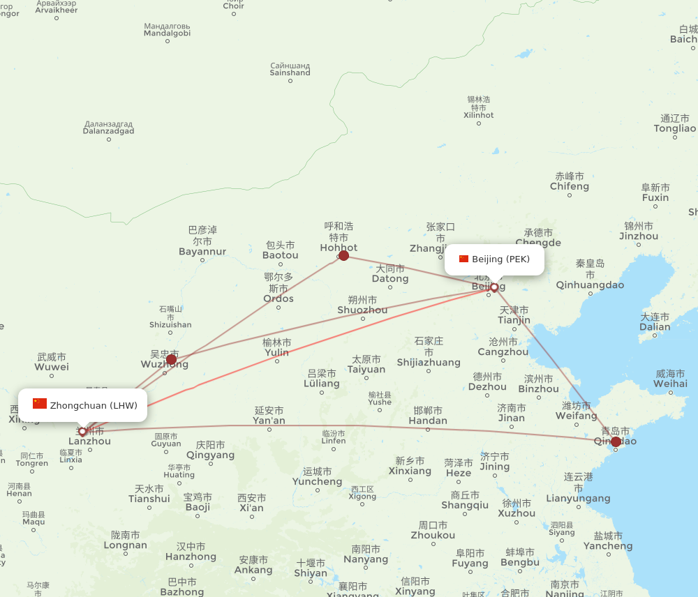 LHW to PEK flights and routes map