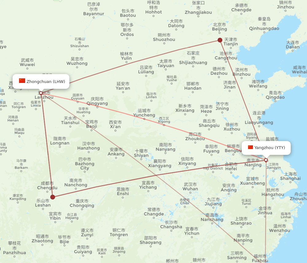 LHW to YTY flights and routes map