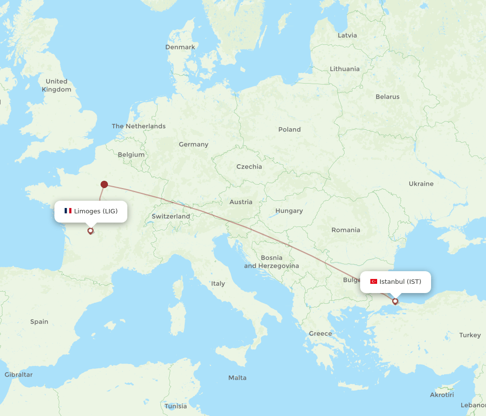 Istanbul - Limoges route map and flight paths