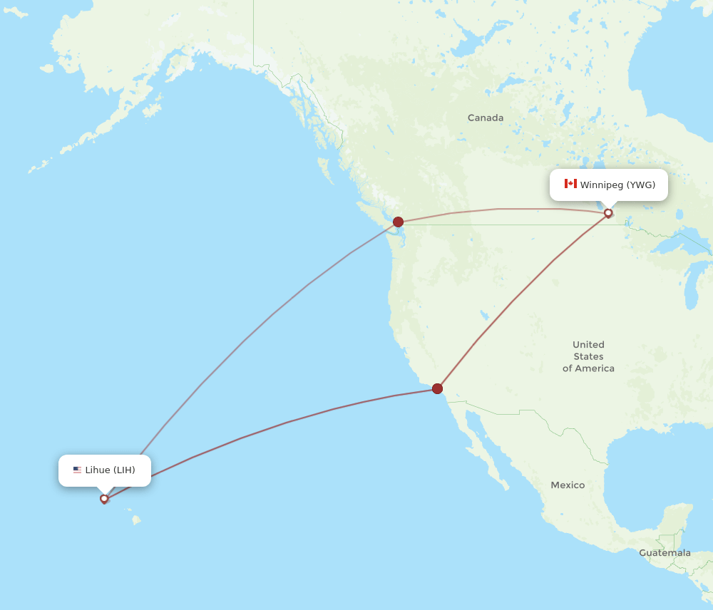 Winnipeg - Kauai Island route map and flight paths