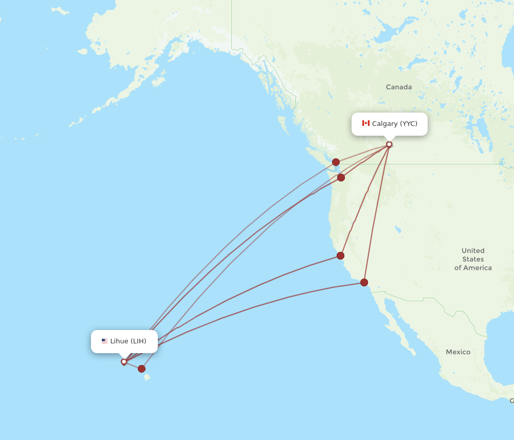 Calgary - Kauai Island route map and flight paths
