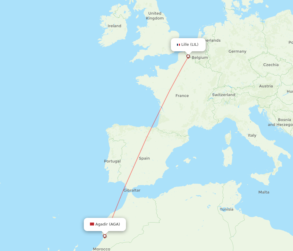 Lille - Agadir route map and flight paths