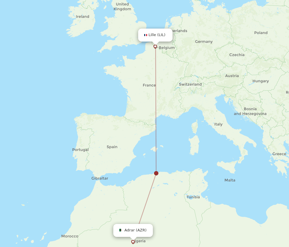 Lille - Adrar route map and flight paths
