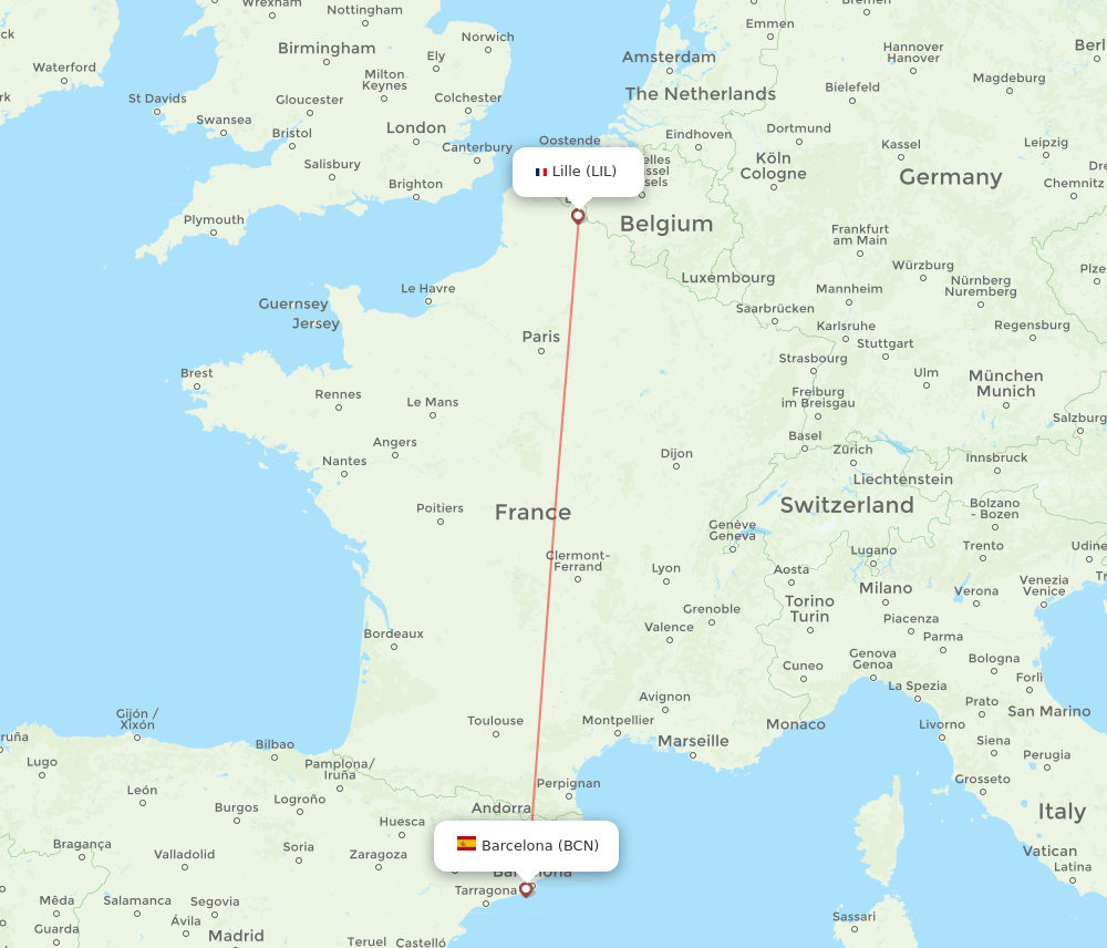 Lille - Barcelona route map and flight paths