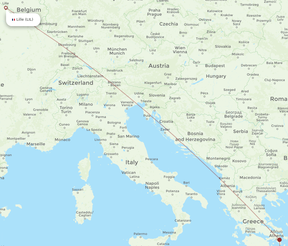 Lille - Chania route map and flight paths