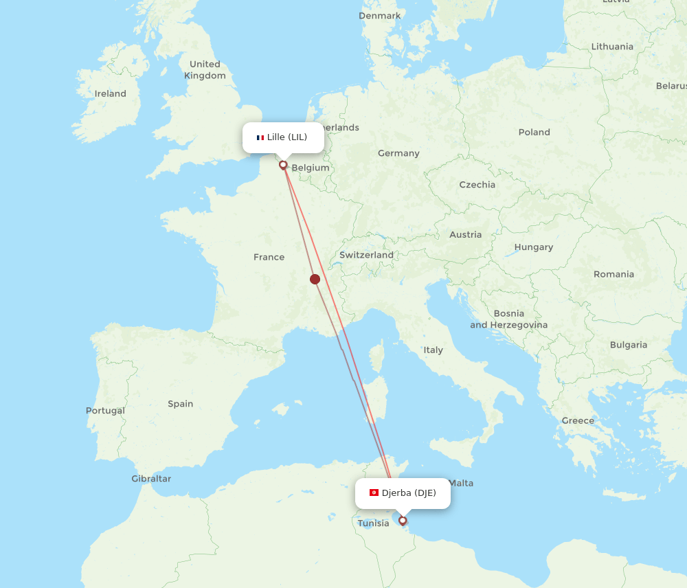 Lille - Djerba route map and flight paths