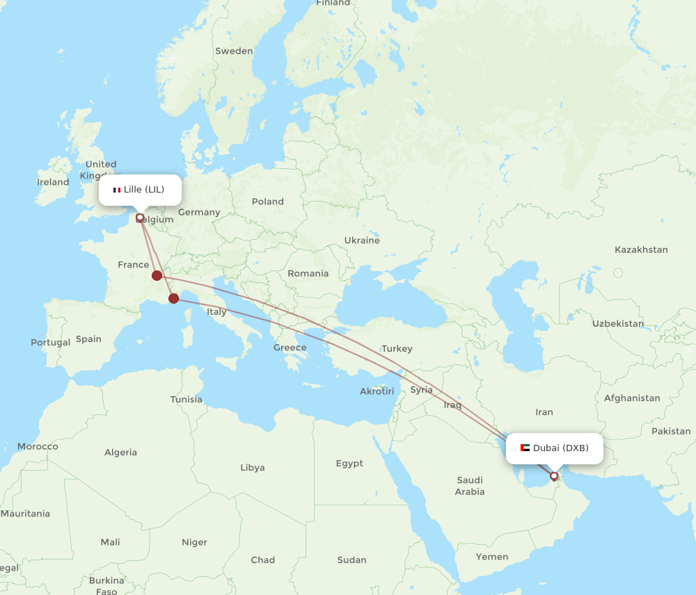 LIL to DXB flights and routes map