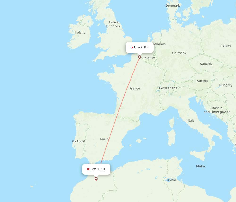 Lille - Fes route map and flight paths