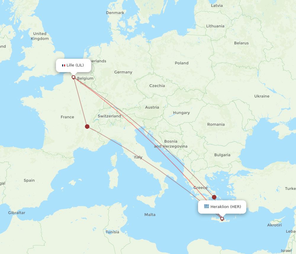 Lille - Heraklion route map and flight paths