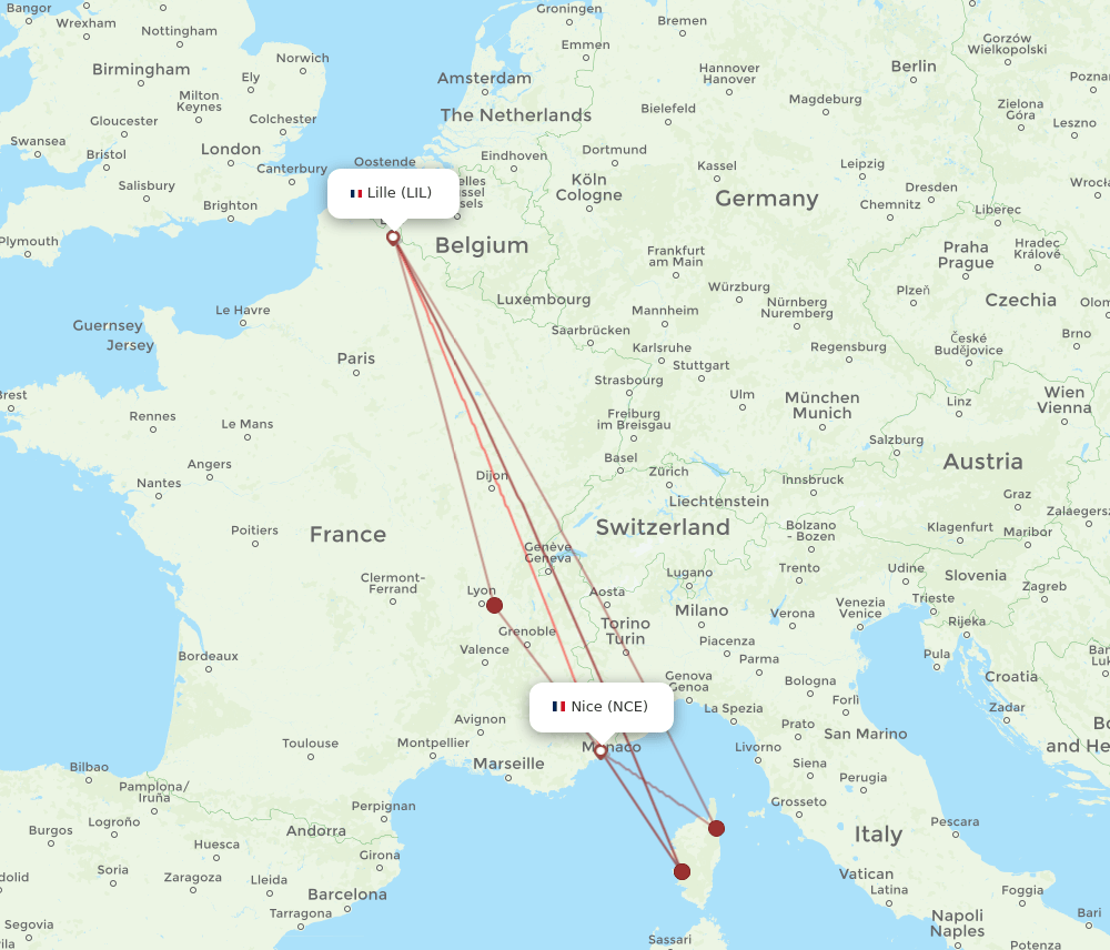 Lille - Nice route map and flight paths