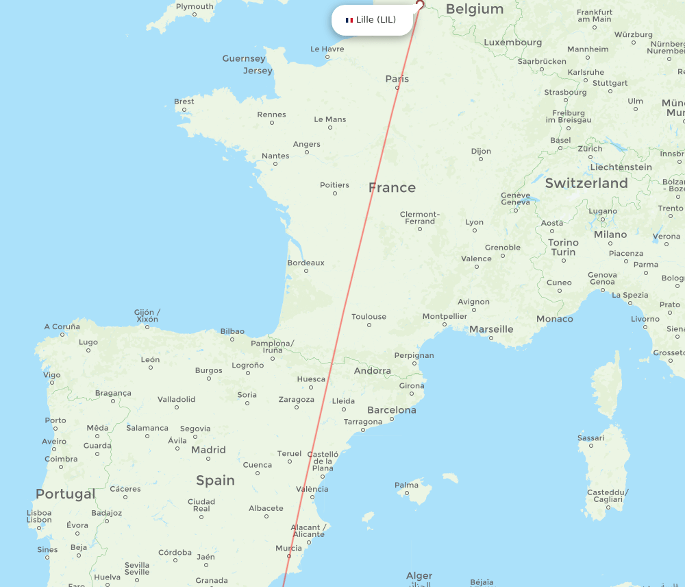 Lille - Oujda route map and flight paths