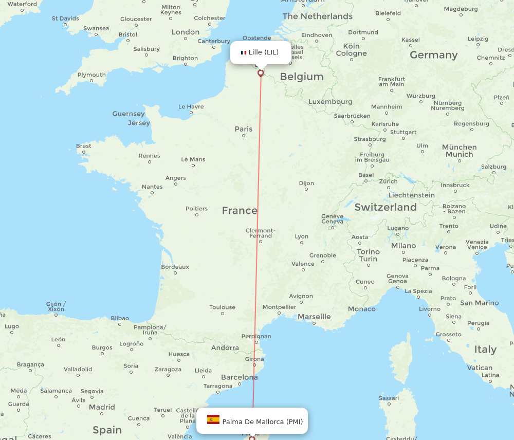 Lille - Palma de Mallorca route map and flight paths