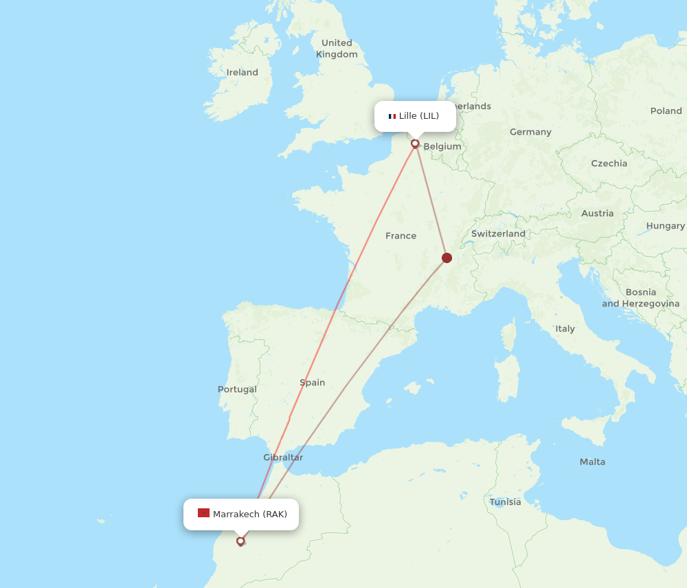 Lille - Marrakech route map and flight paths