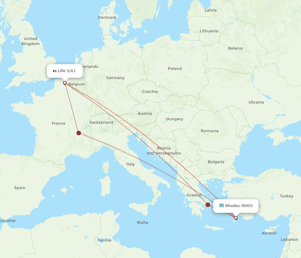 Lille - Rhodes route map and flight paths