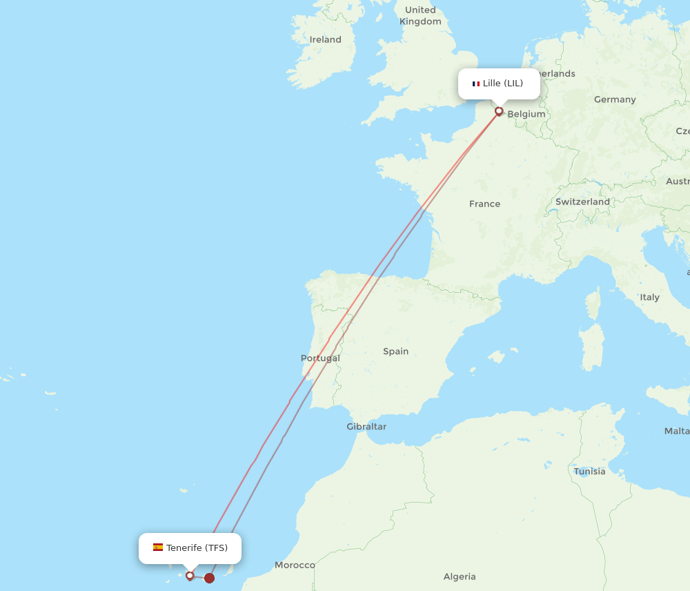 Lille - Tenerife route map and flight paths