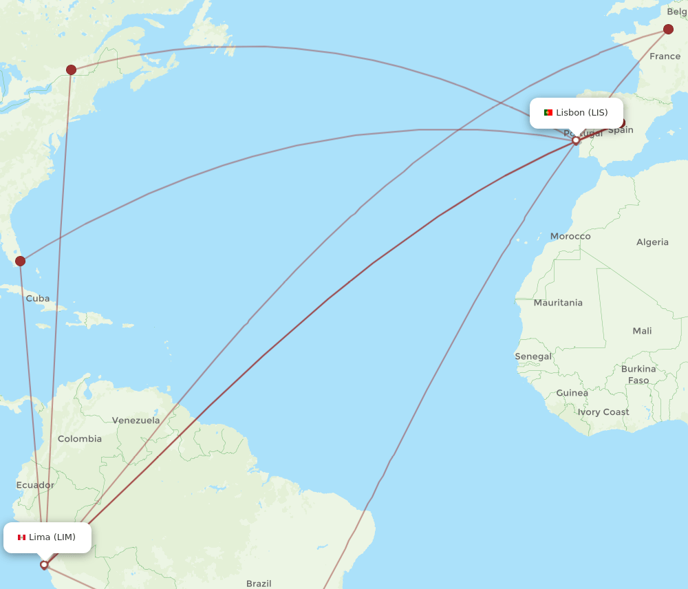 LIM to LIS flights and routes map