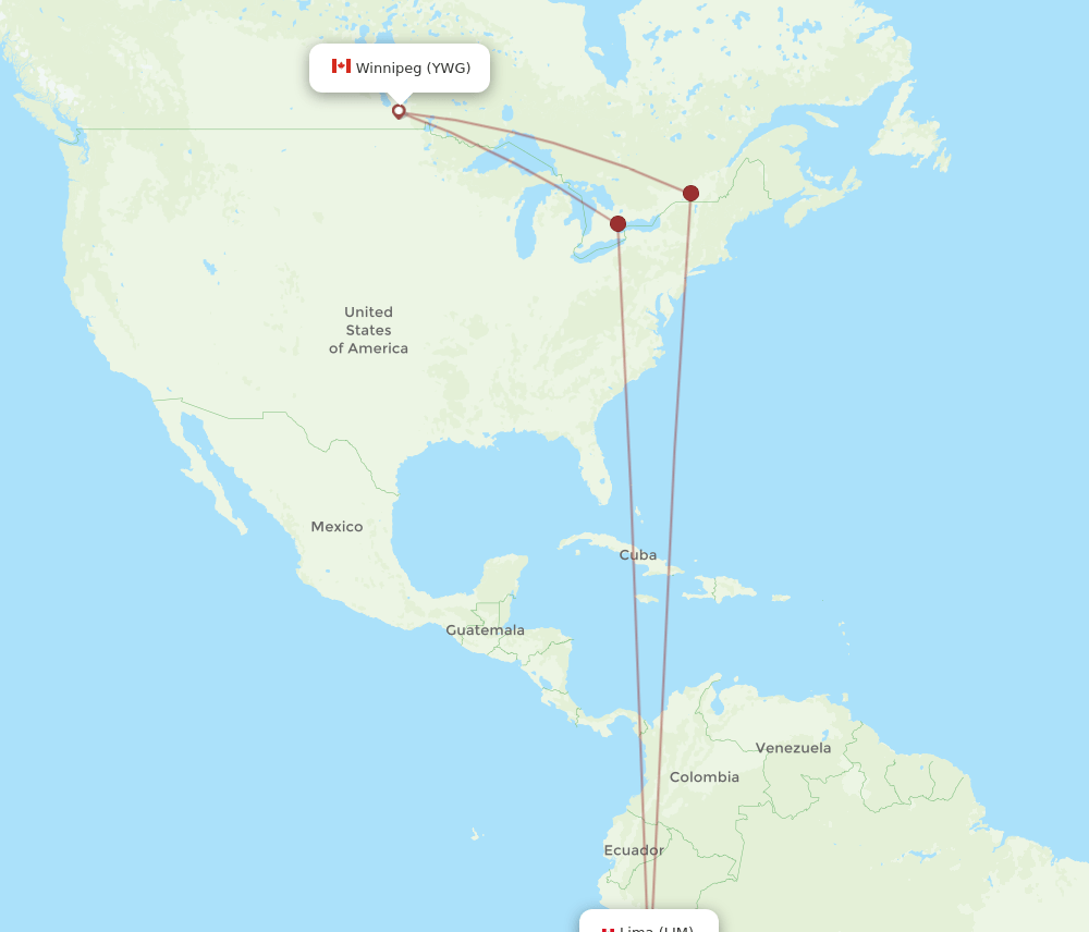 Winnipeg - Lima route map and flight paths