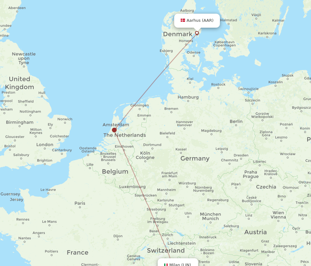Aarhus - Milan route map and flight paths