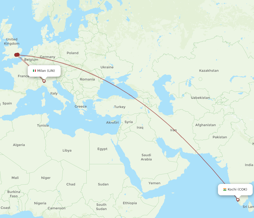 Milan - Kochi route map and flight paths