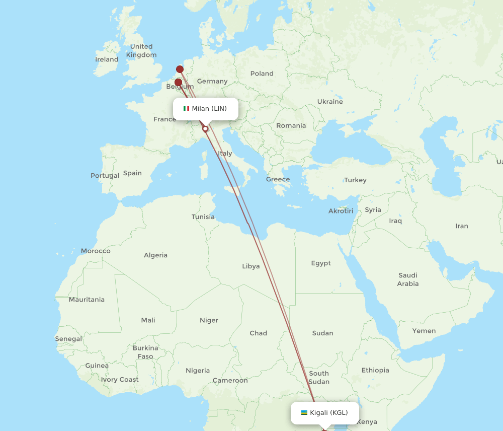 LIN to KGL flights and routes map