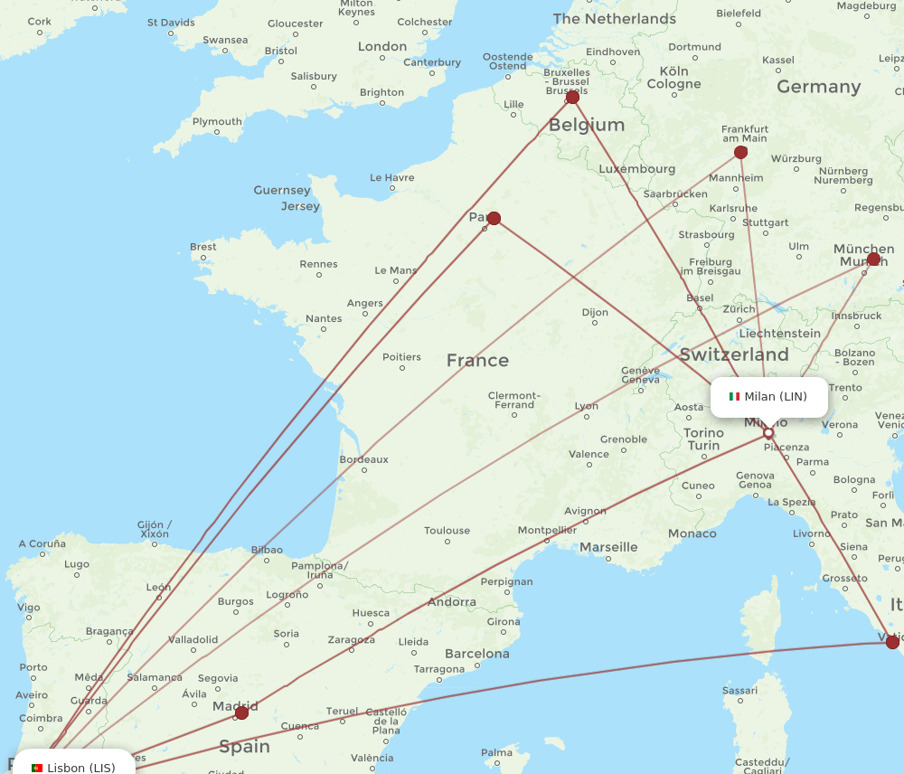 LIN to LIS flights and routes map