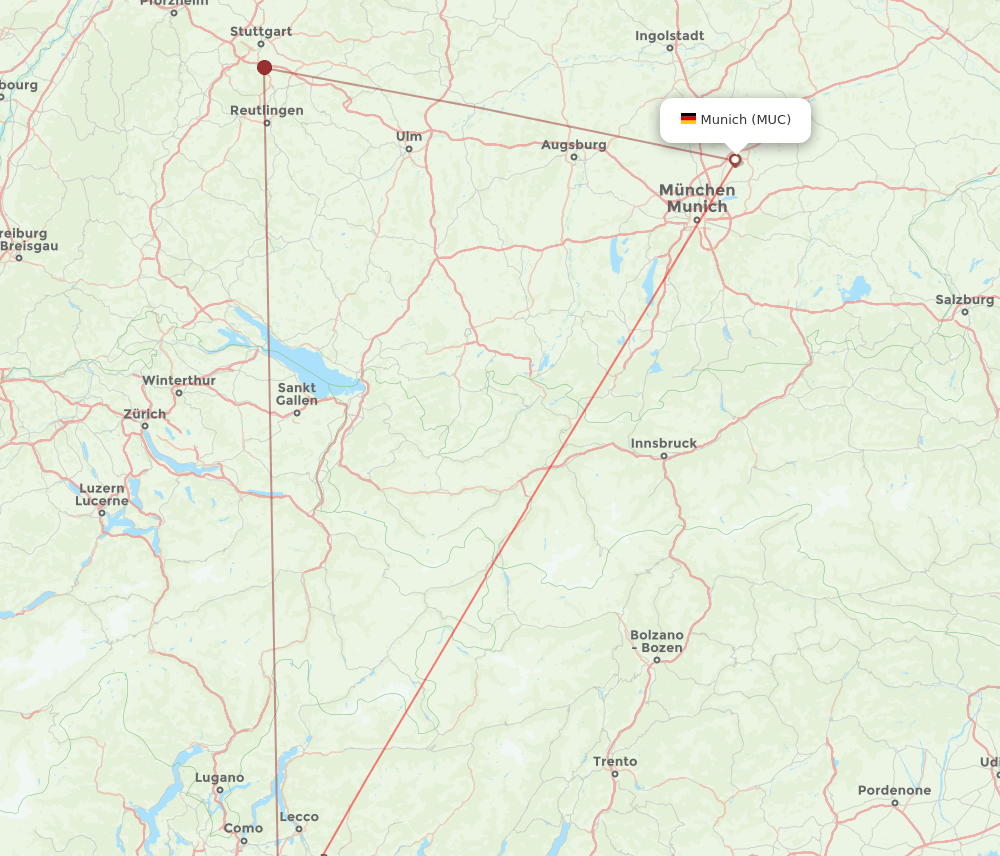 Milan - Munich route map and flight paths