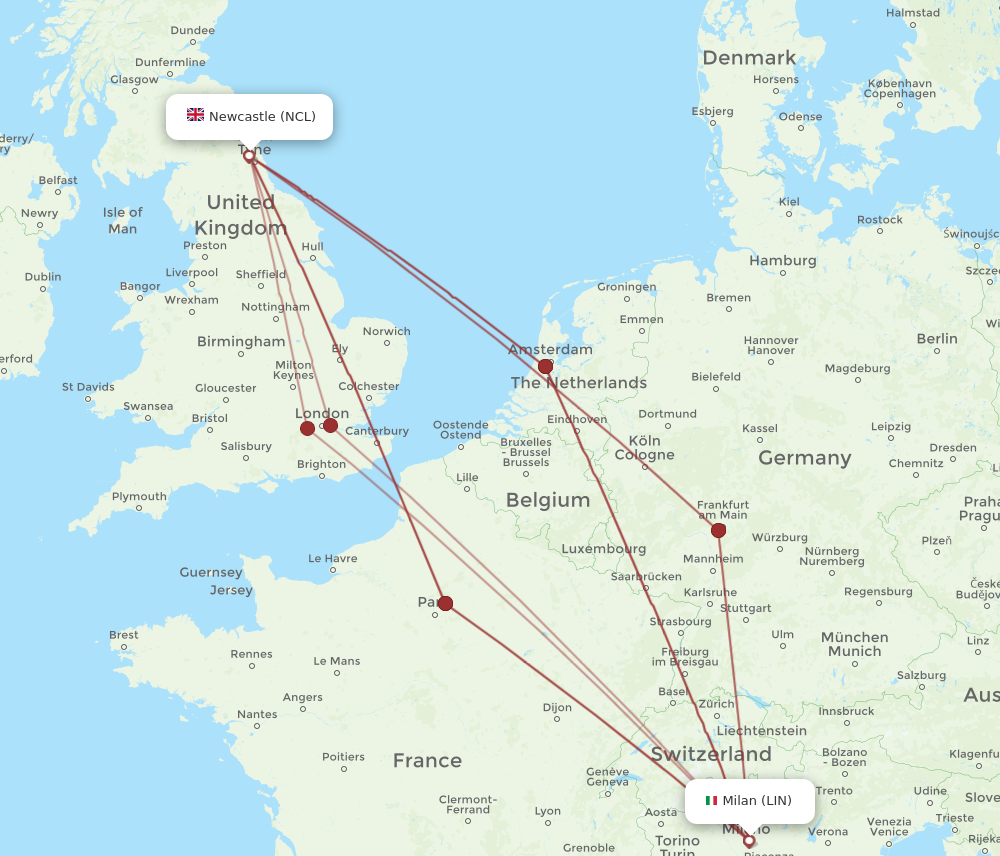 LIN to NCL flights and routes map