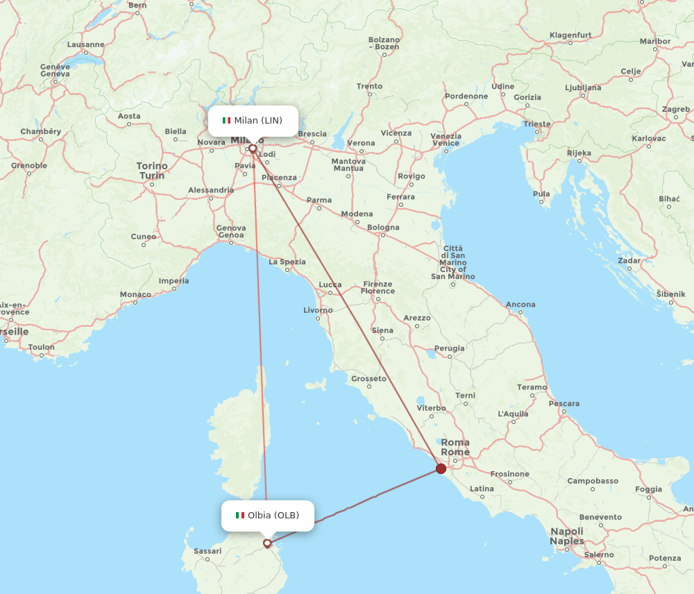 Milan - Olbia route map and flight paths