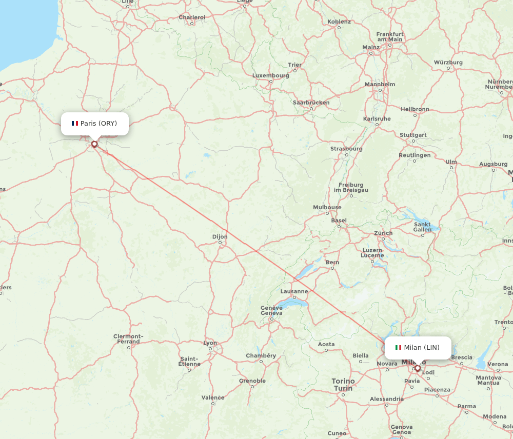 Milan - Paris route map and flight paths