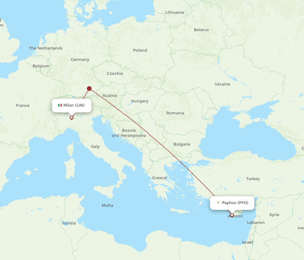 Paphos - Milan route map and flight paths