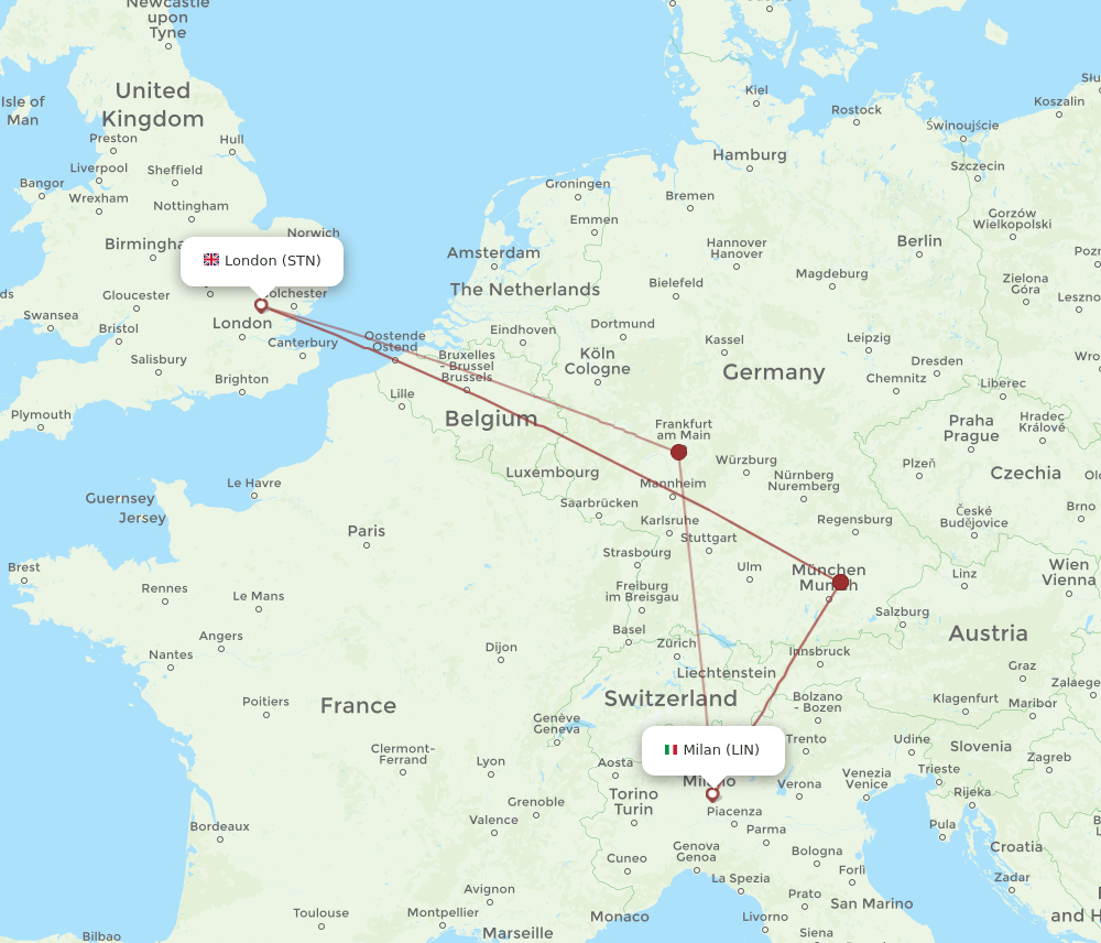 Milan - London route map and flight paths