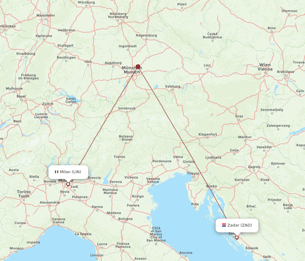 Zadar - Milan route map and flight paths