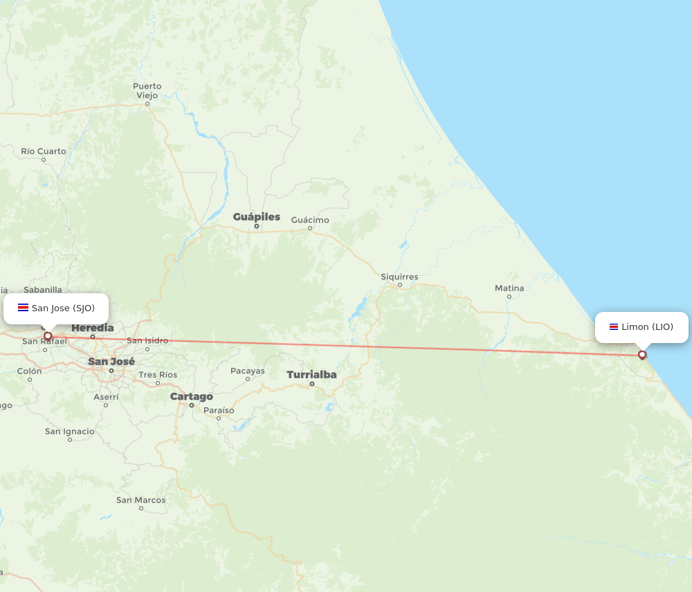 Limon - San Jose route map and flight paths