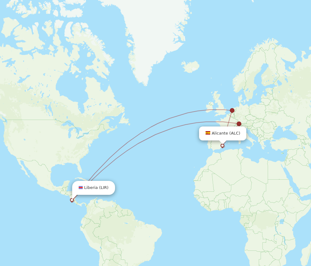 Alicante - Guanacaste route map and flight paths