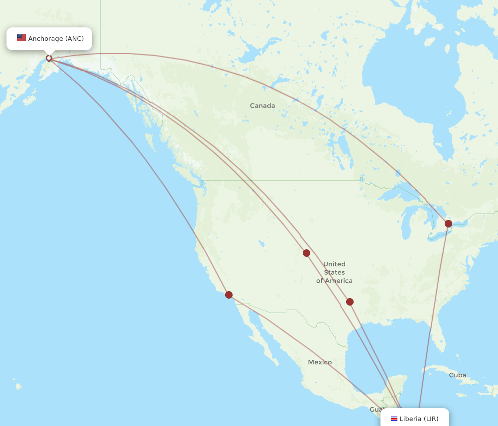 LIR to ANC flights and routes map