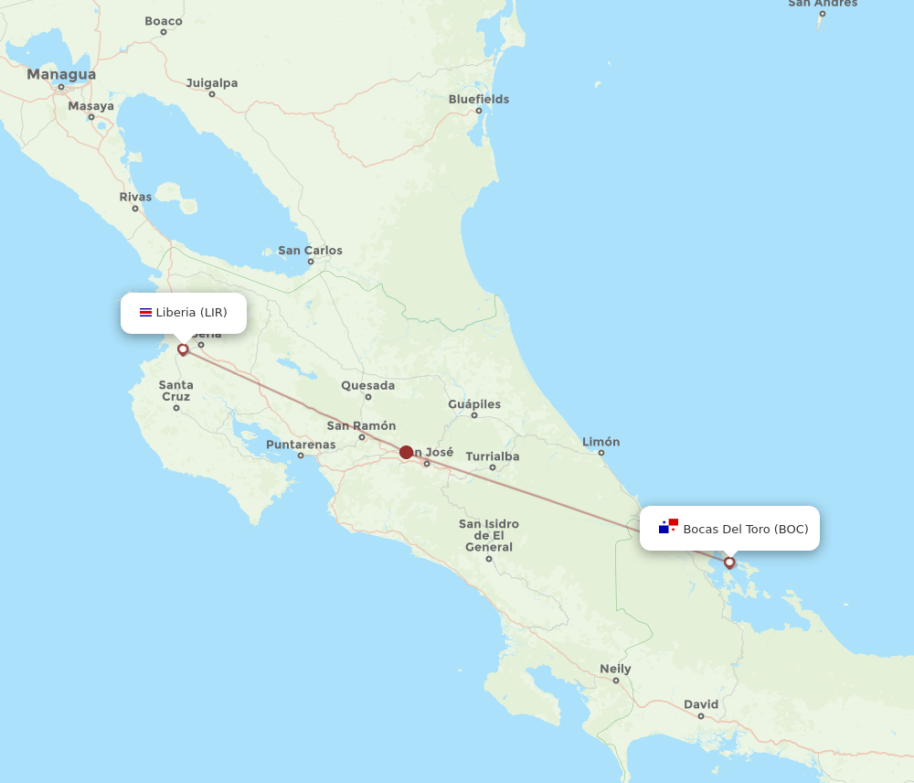 Bocas Del Toro - Guanacaste route map and flight paths