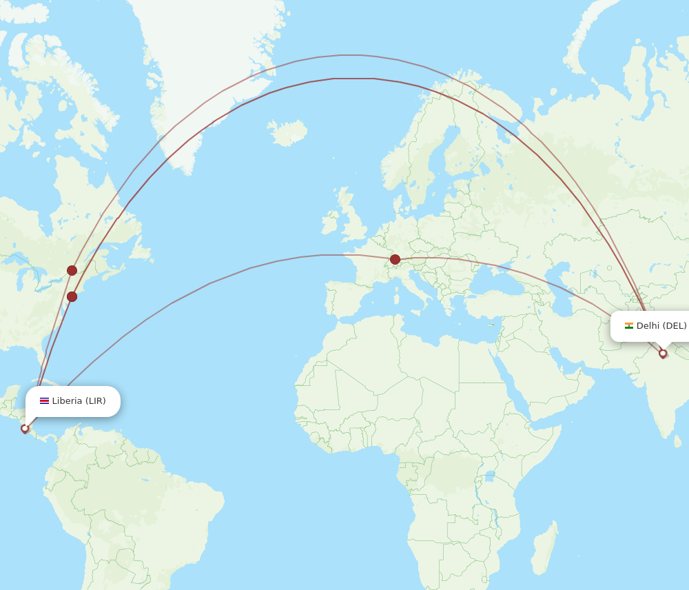 LIR to DEL flights and routes map