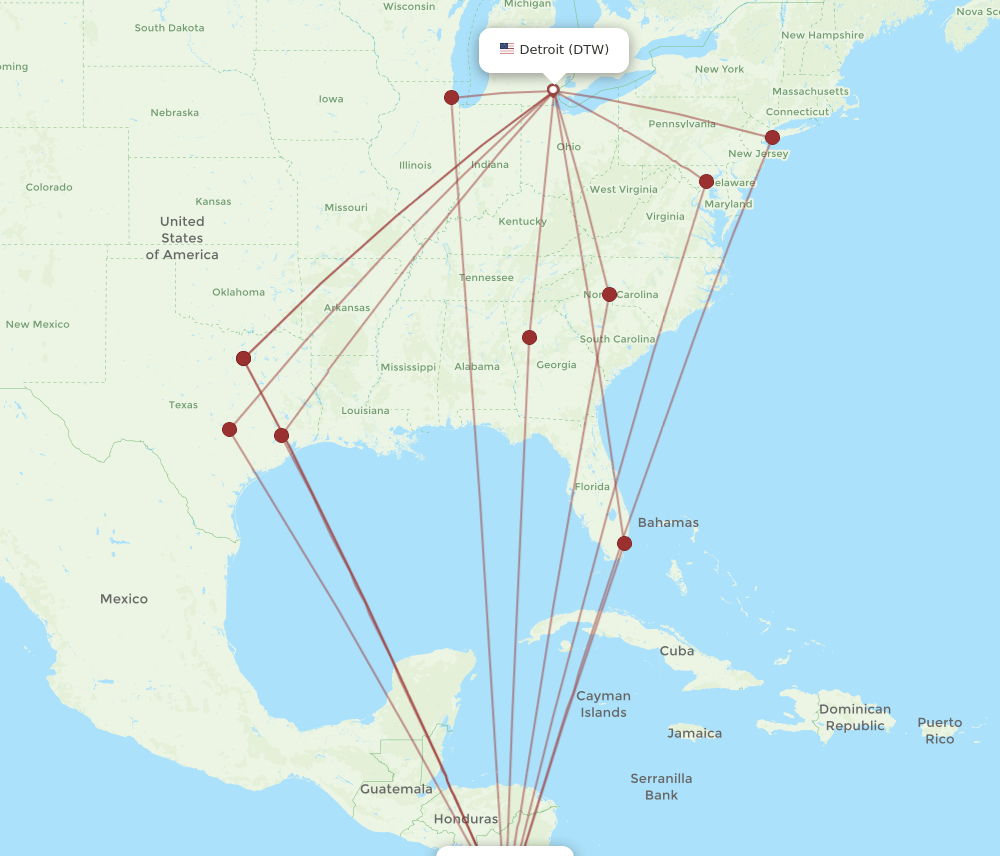 LIR to DTW flights and routes map