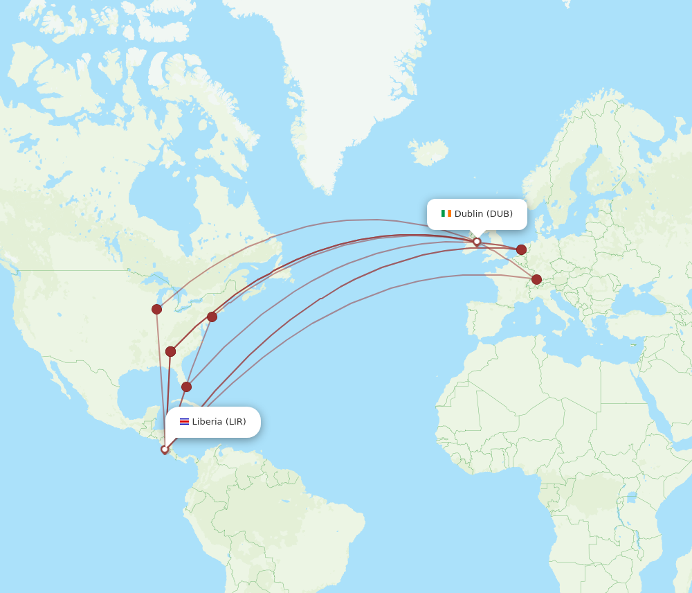 LIR to DUB flights and routes map
