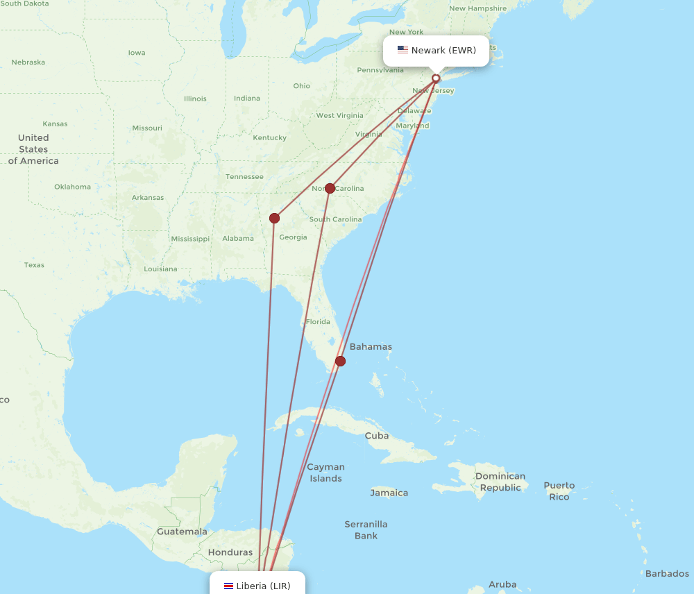 LIR-EWR flight routes