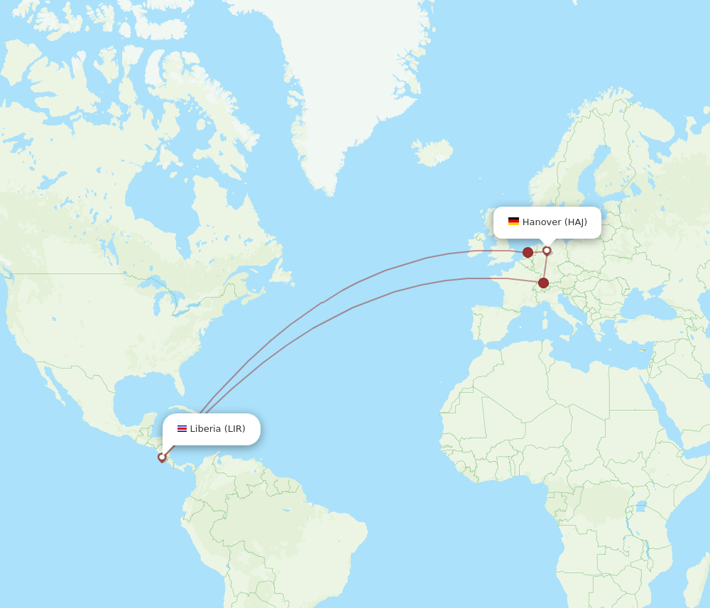 Hanover - Guanacaste route map and flight paths