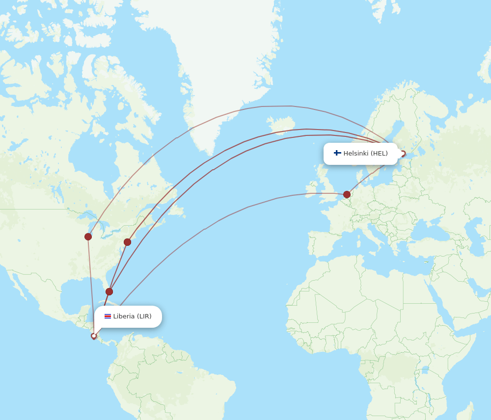 HEL to LIR flights and routes map
