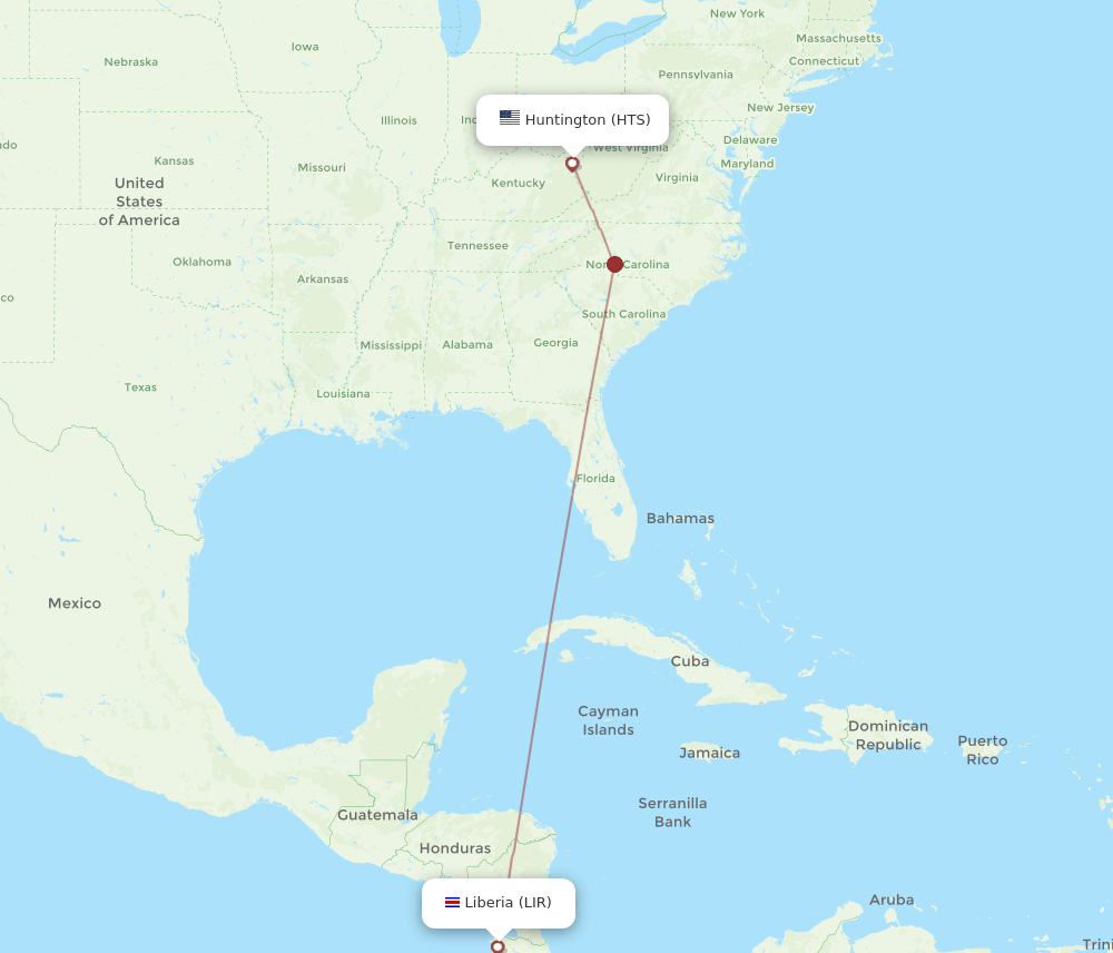 LIR to HTS flights and routes map