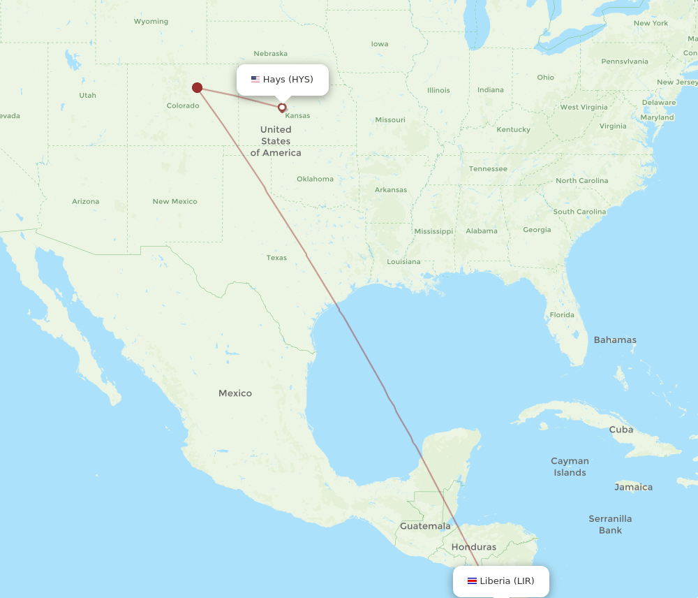LIR to HYS flights and routes map