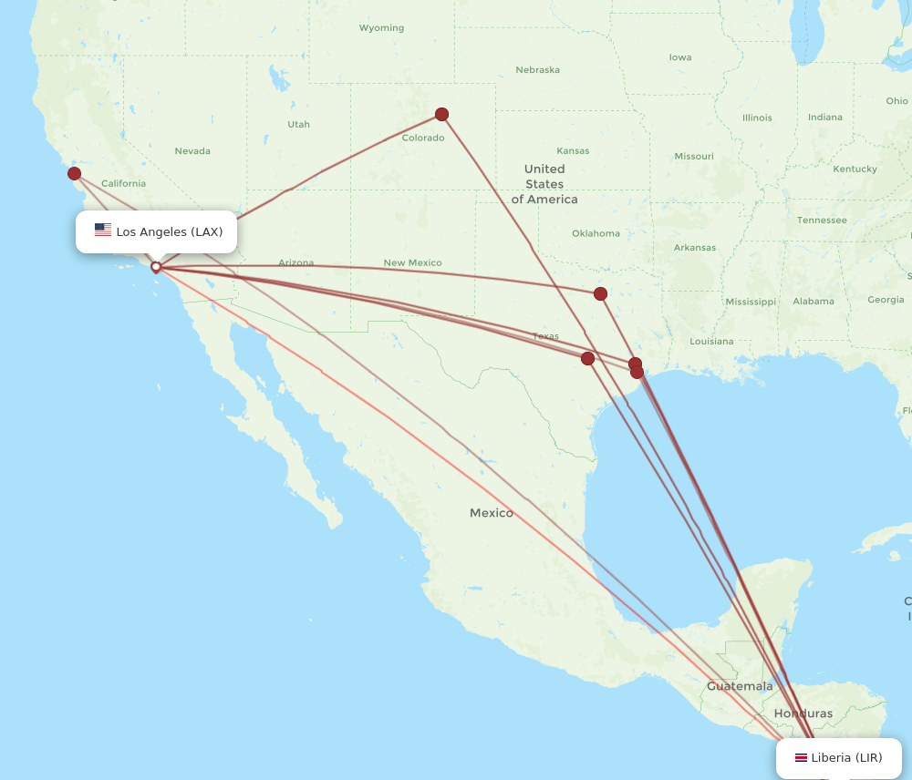 LIR to LAX flights and routes map