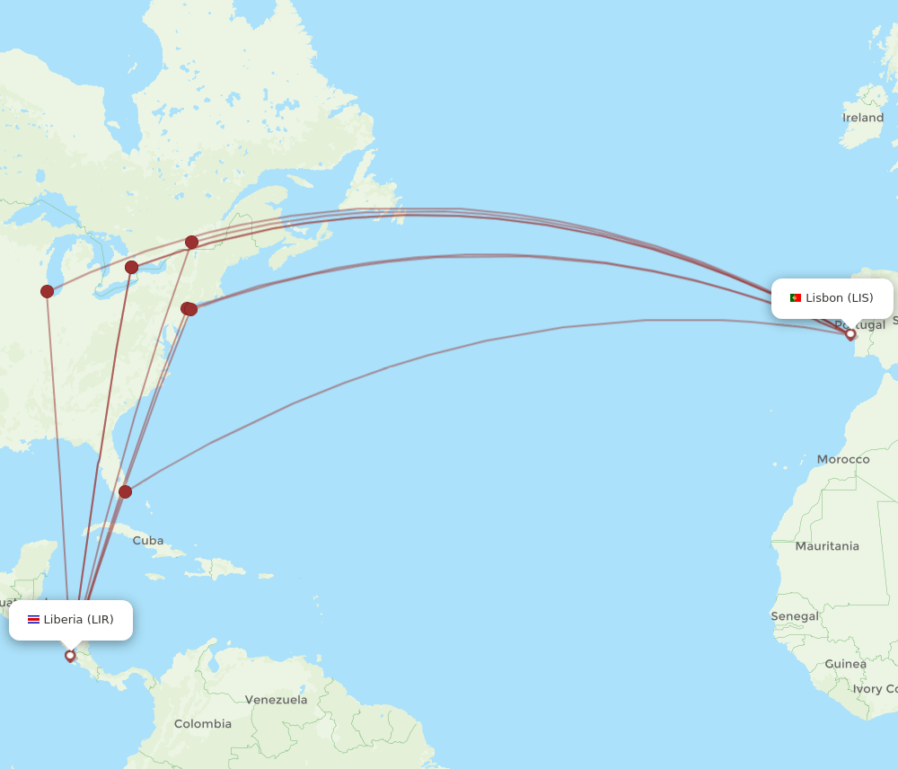 LIR to LIS flights and routes map