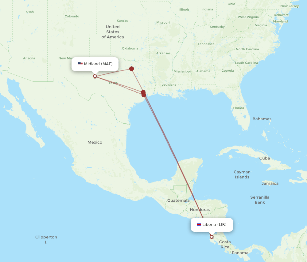 LIR to MAF flights and routes map