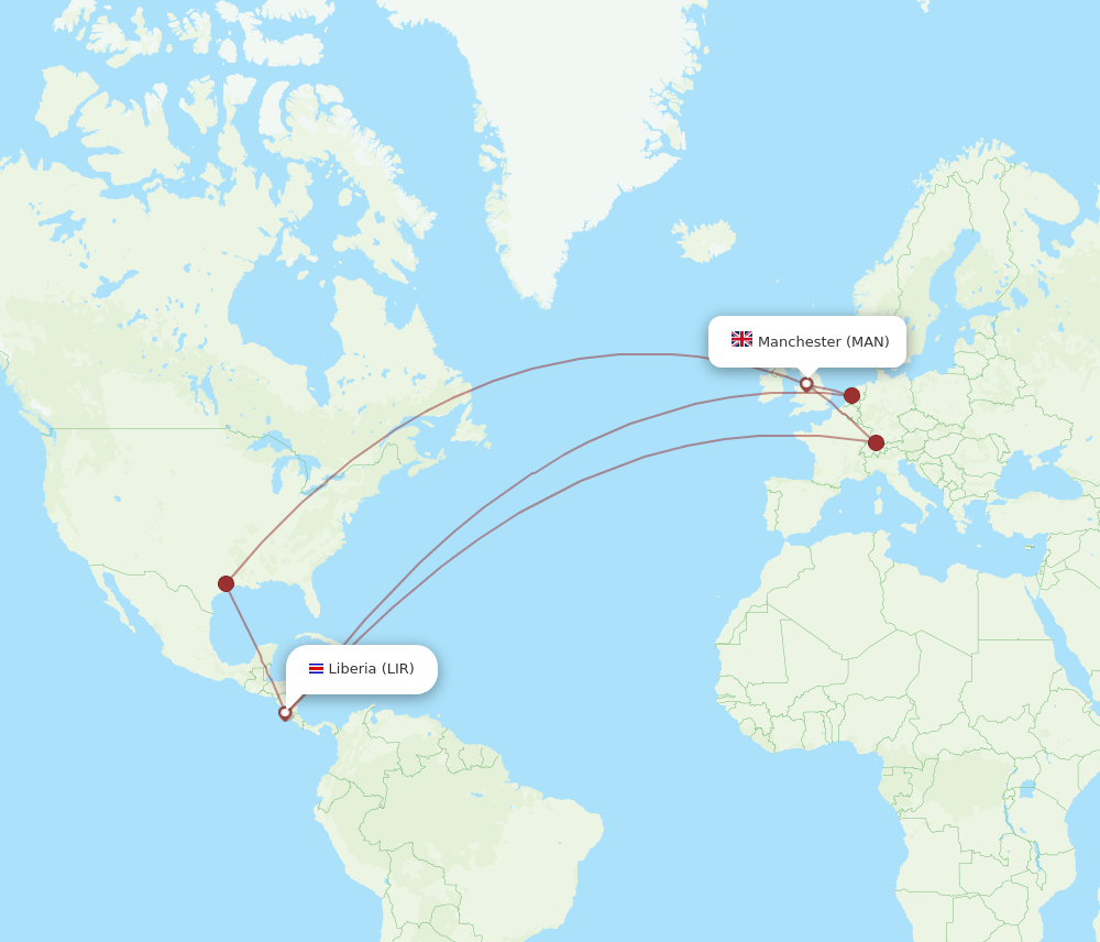 LIR to MAN flights and routes map