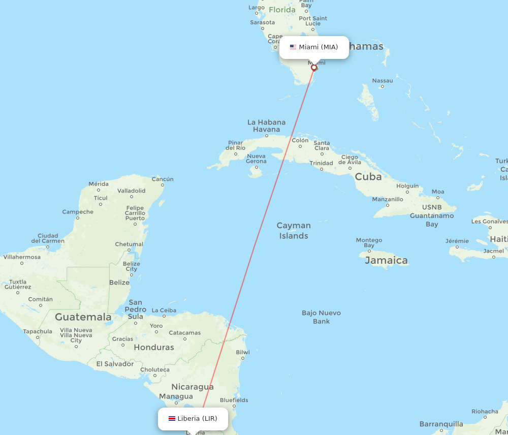 LIR to MIA flights and routes map